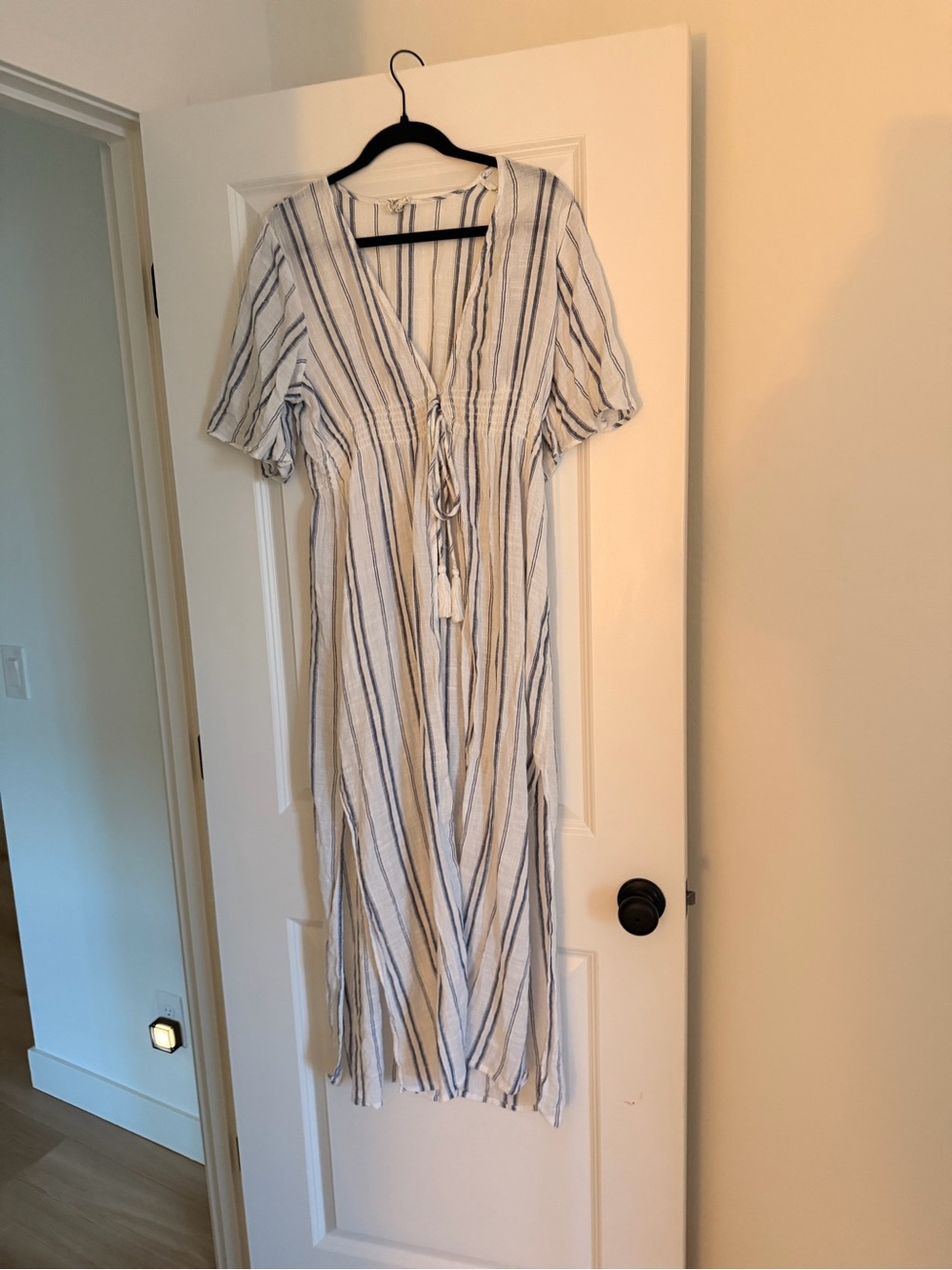 Women's White and Navy Striped V-Neck Maxi cover up Dress